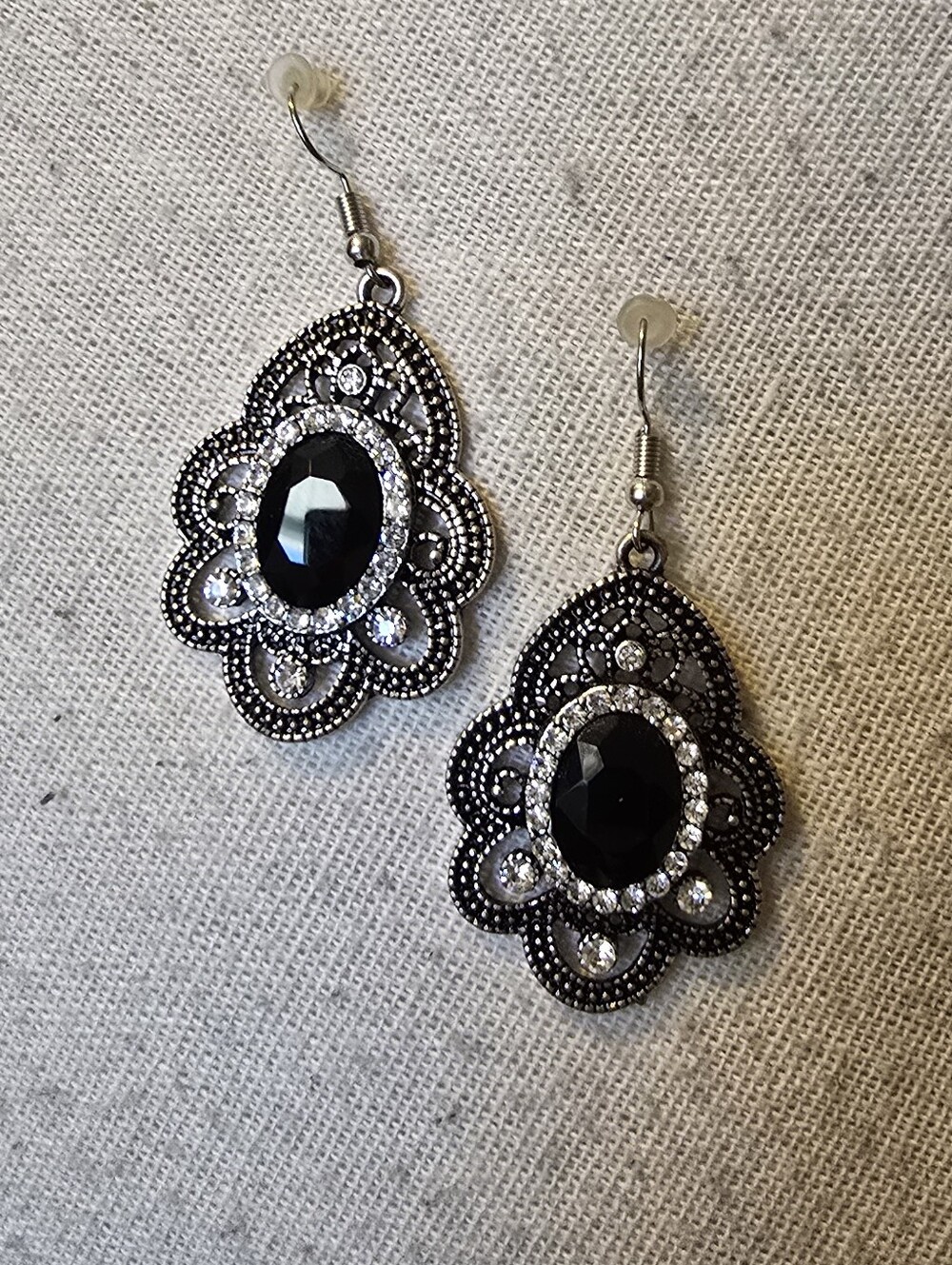Black Vintage-Style Drop Earrings with Crystal Accents